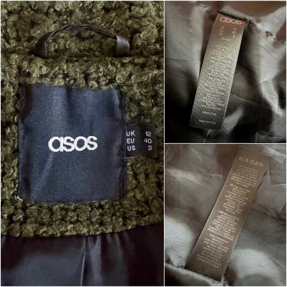 ASOS 8 Coat Olive Green Hooded Wool Blend Chunky Woven Boucle Tweed Outerwear - Picture 14 of 15